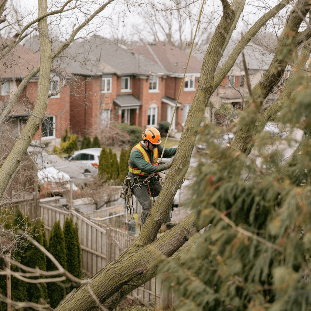 Arborist removing dead grey branches from a mature elm tree in the Cathedraltown neighbourhood of Markham