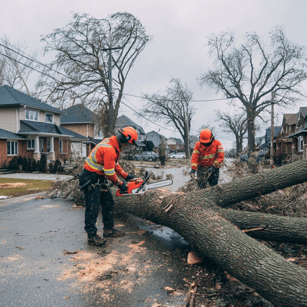 Emergency tree crew responding to storm-downed large oak blocking a driveway in Unionville Markham Ontario