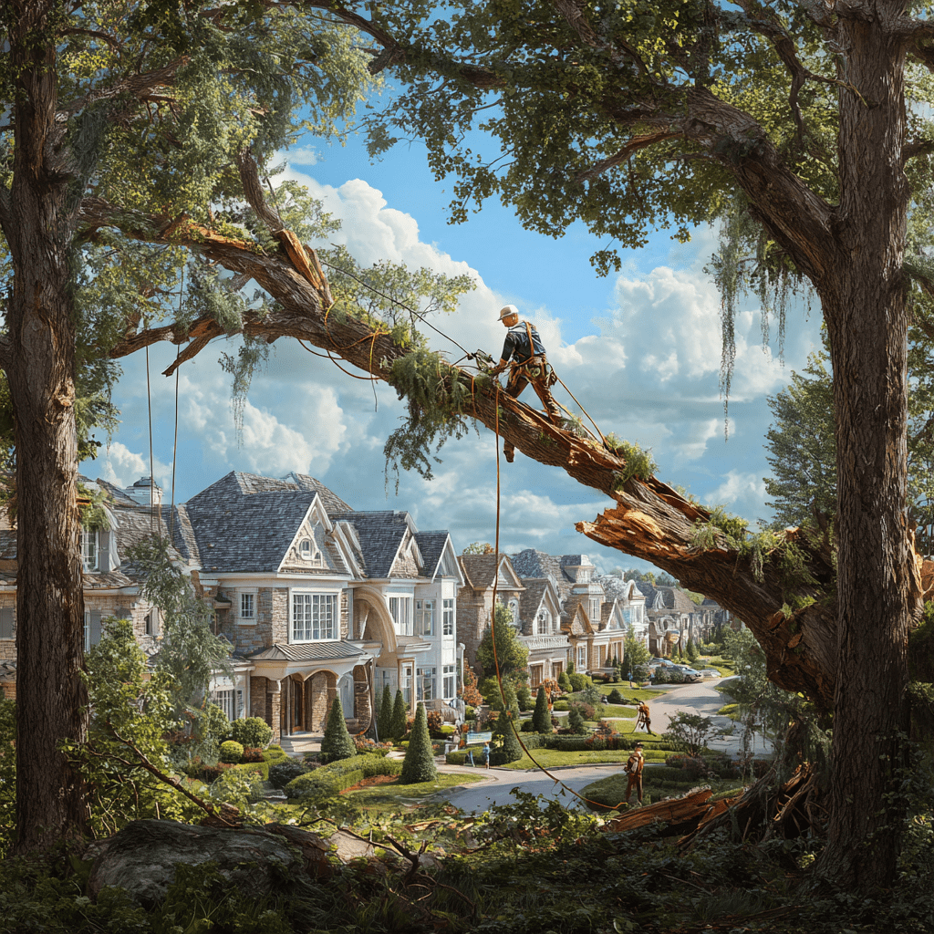 Arborist on ropes removing a large hanging storm-broken limb from a tree in an Angus Glen Markham yard