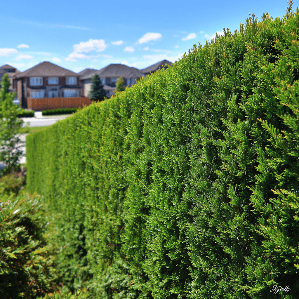 Close-up of a perfectly straight cut line on a cedar hedge in a Berczy Village Markham residential yard
