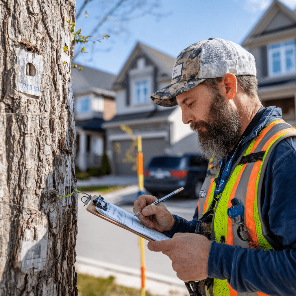 Arborist tagging and measuring trees before construction begins on a Cornell Markham property