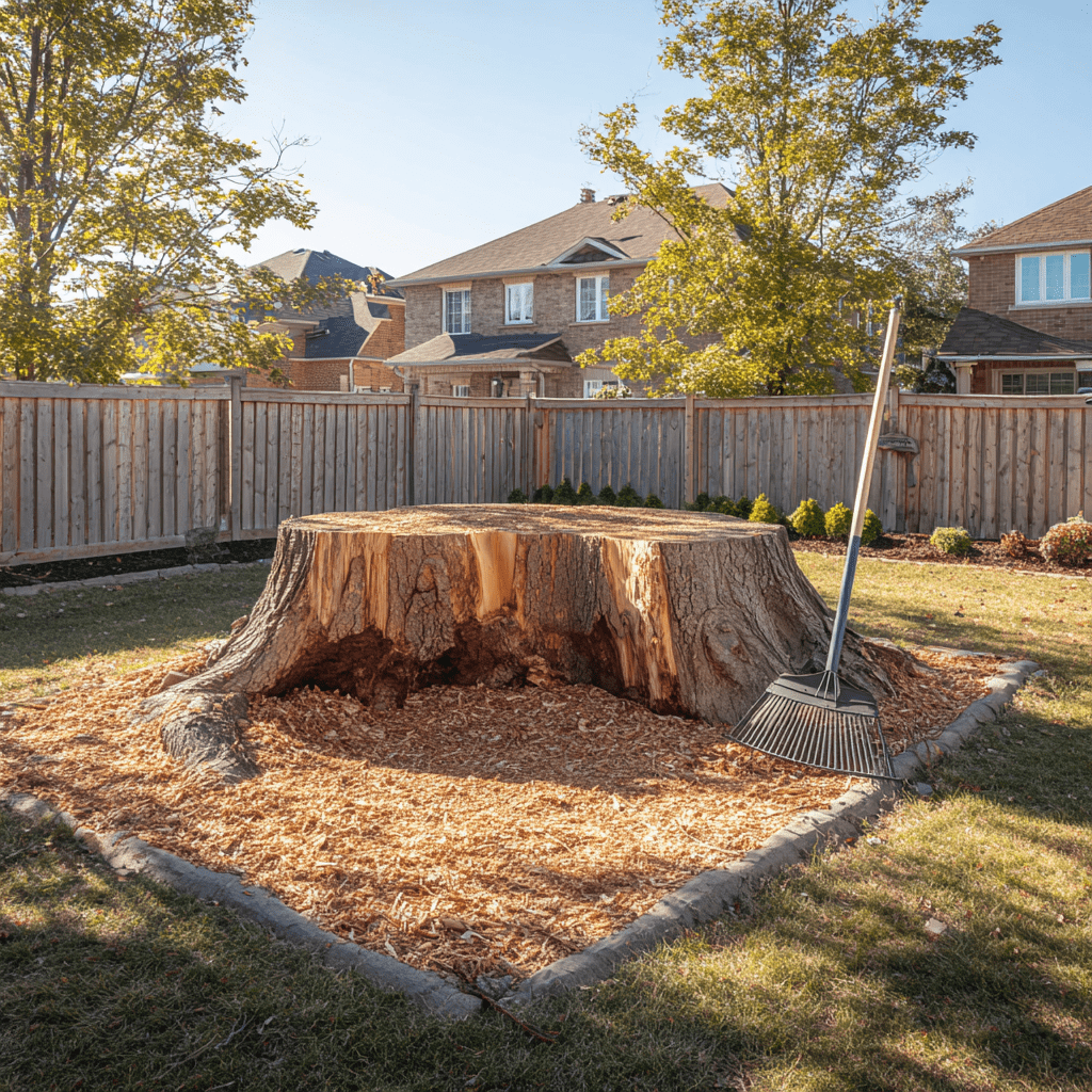Freshly ground stump below grade in a Berczy Village Markham yard ready for lawn restoration
