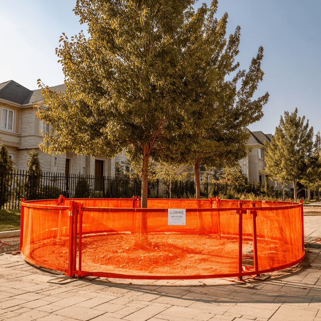 Orange tree protection zone fencing installed around protected trees at a Unionville Markham construction site