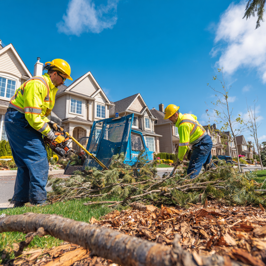 Tree service crew completing a tree removal on a Cathedraltown Markham residential property