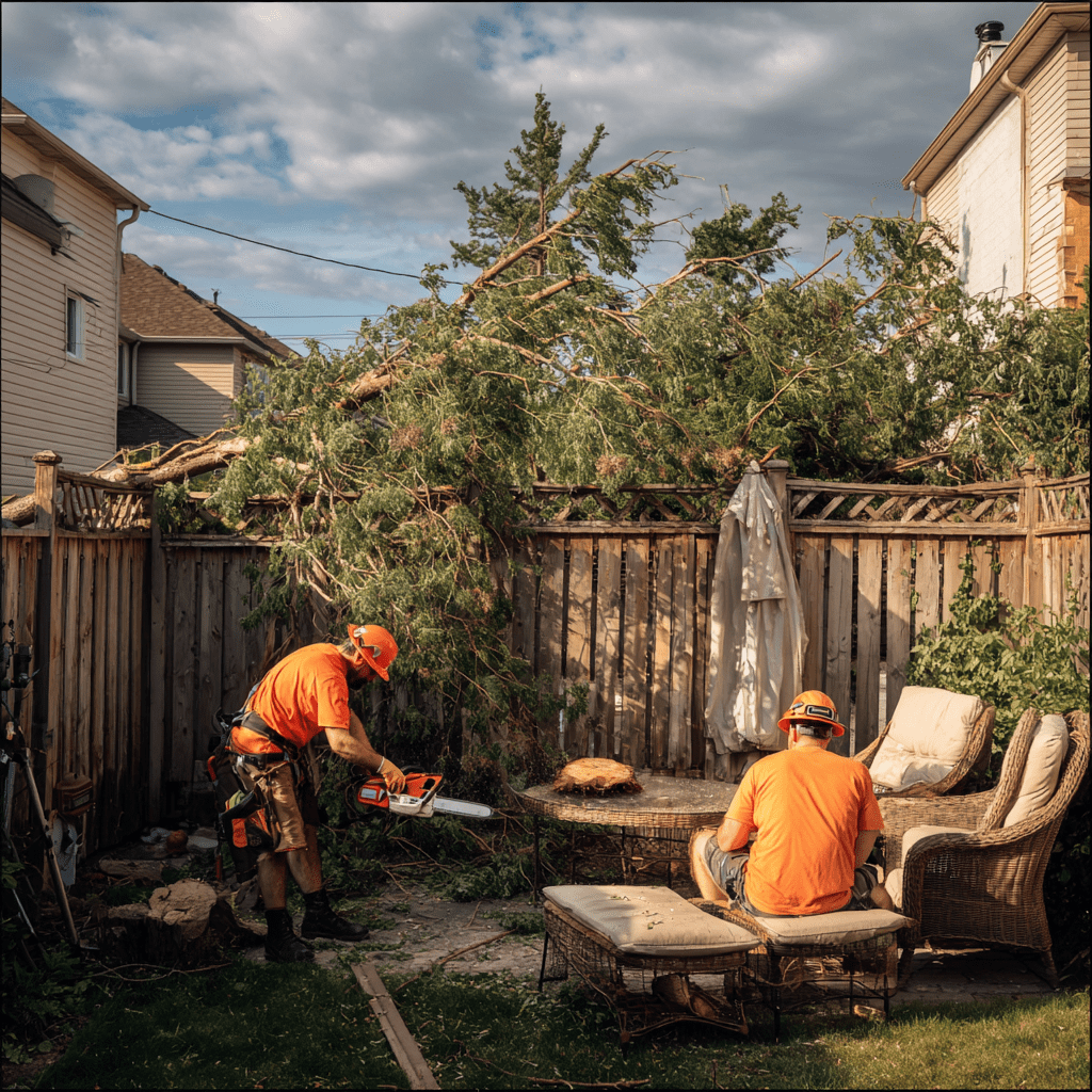 Emergency tree crew removing a storm-fallen tree from a fence and patio in a Cornell Markham backyard