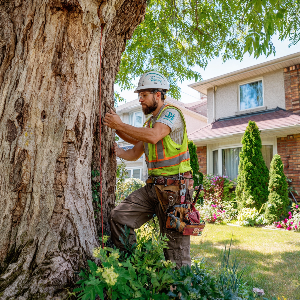 ISA certified arborist measuring tree trunk DBH in a Markham residential backyard for a tree removal permit application