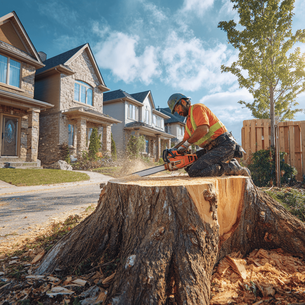 Arborist making a clean flush stump cut after removing a large tree on a Cornell Markham property