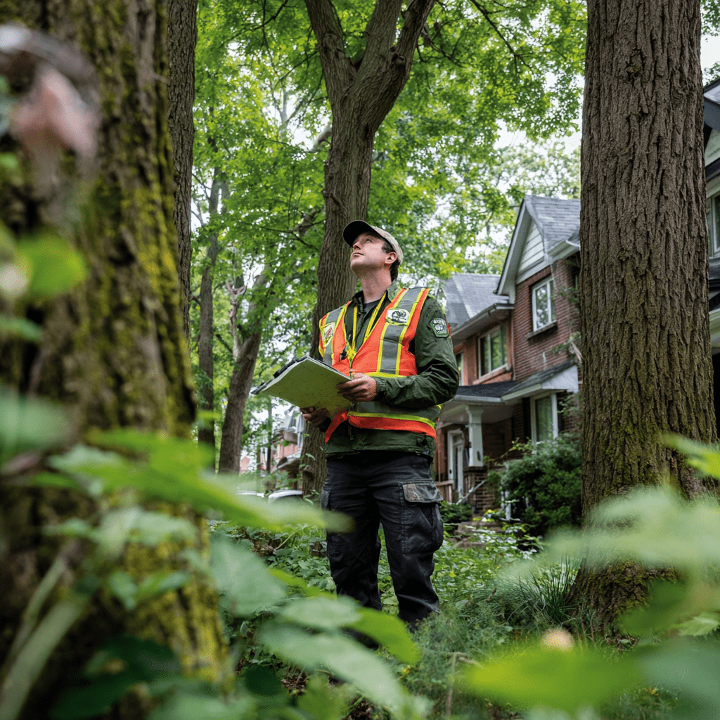Urban forestry officer inspecting trees in a Markham residential neighbourhood near a protected woodland area