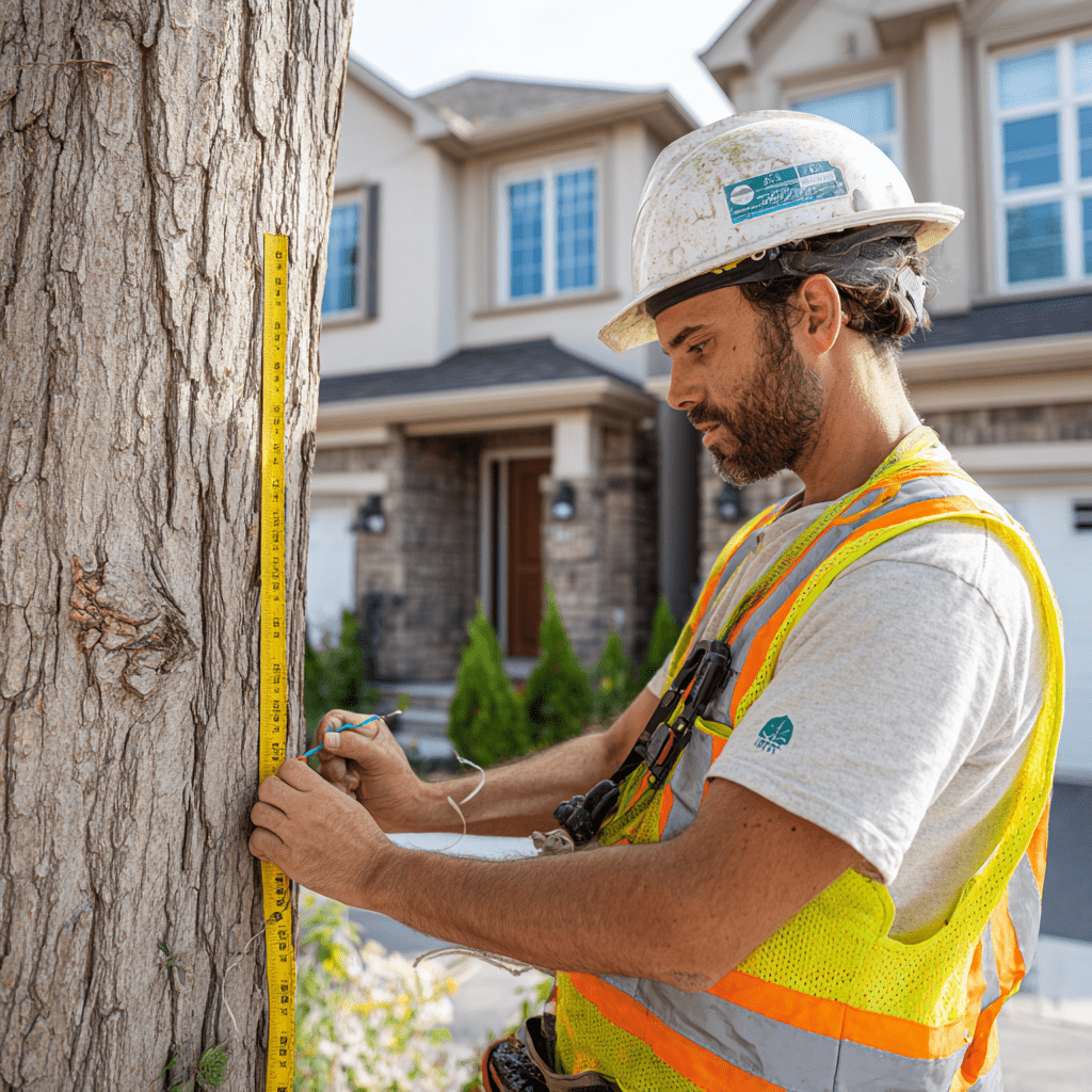ISA certified arborist measuring tree trunk diameter in a Mississauga residential backyard for a permit application