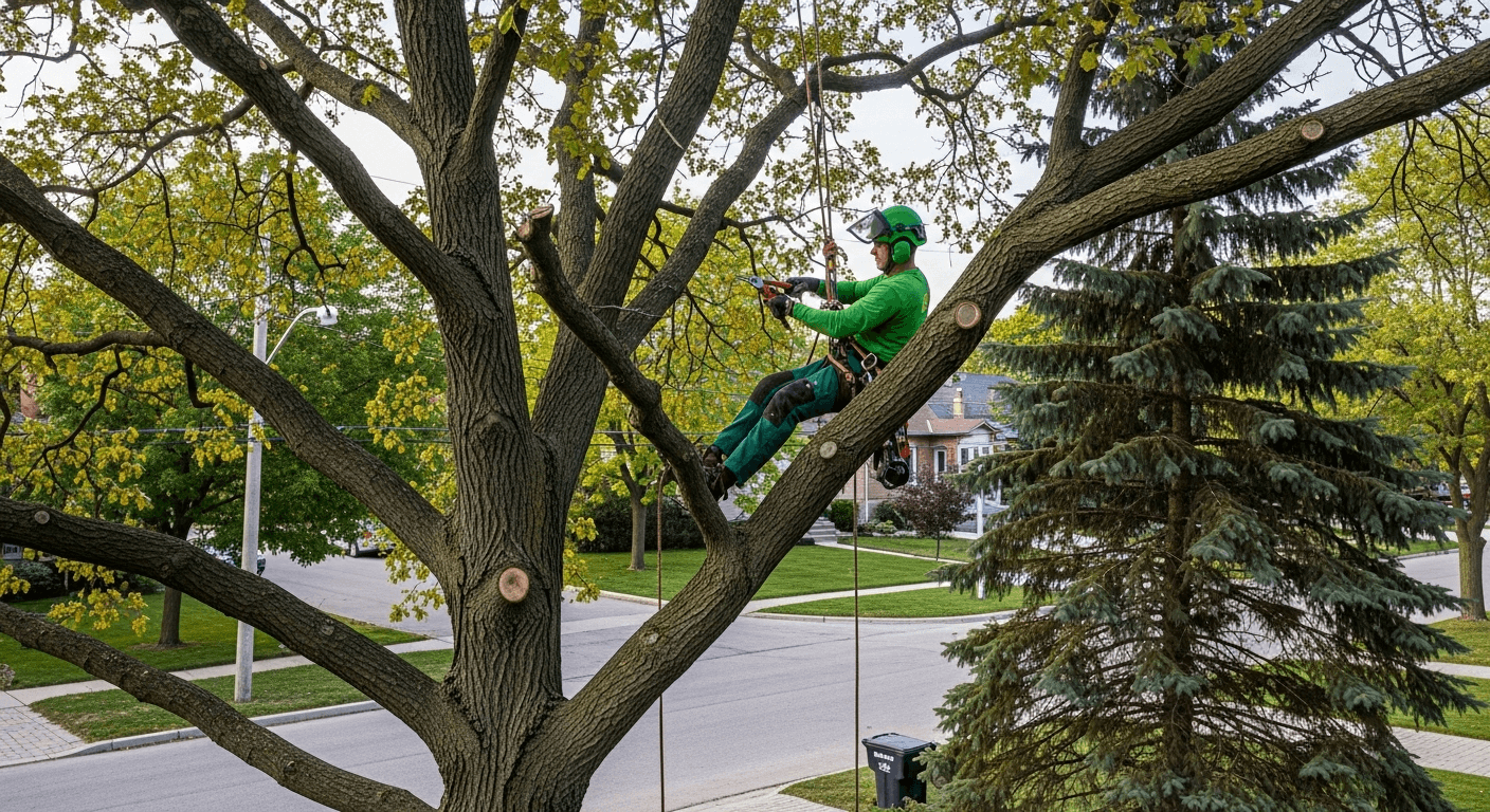 ISA certified arborist pruning a large residential tree canopy at a Mississauga property using climbing equipment