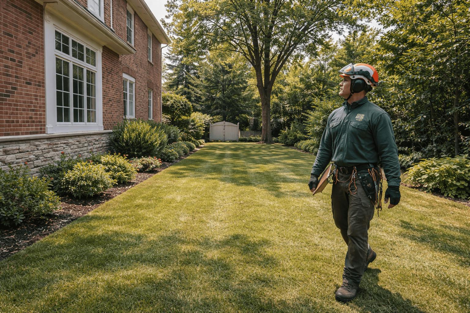 Arborist assessing tree access conditions at a Mississauga property with wide side yard typical of suburban lots