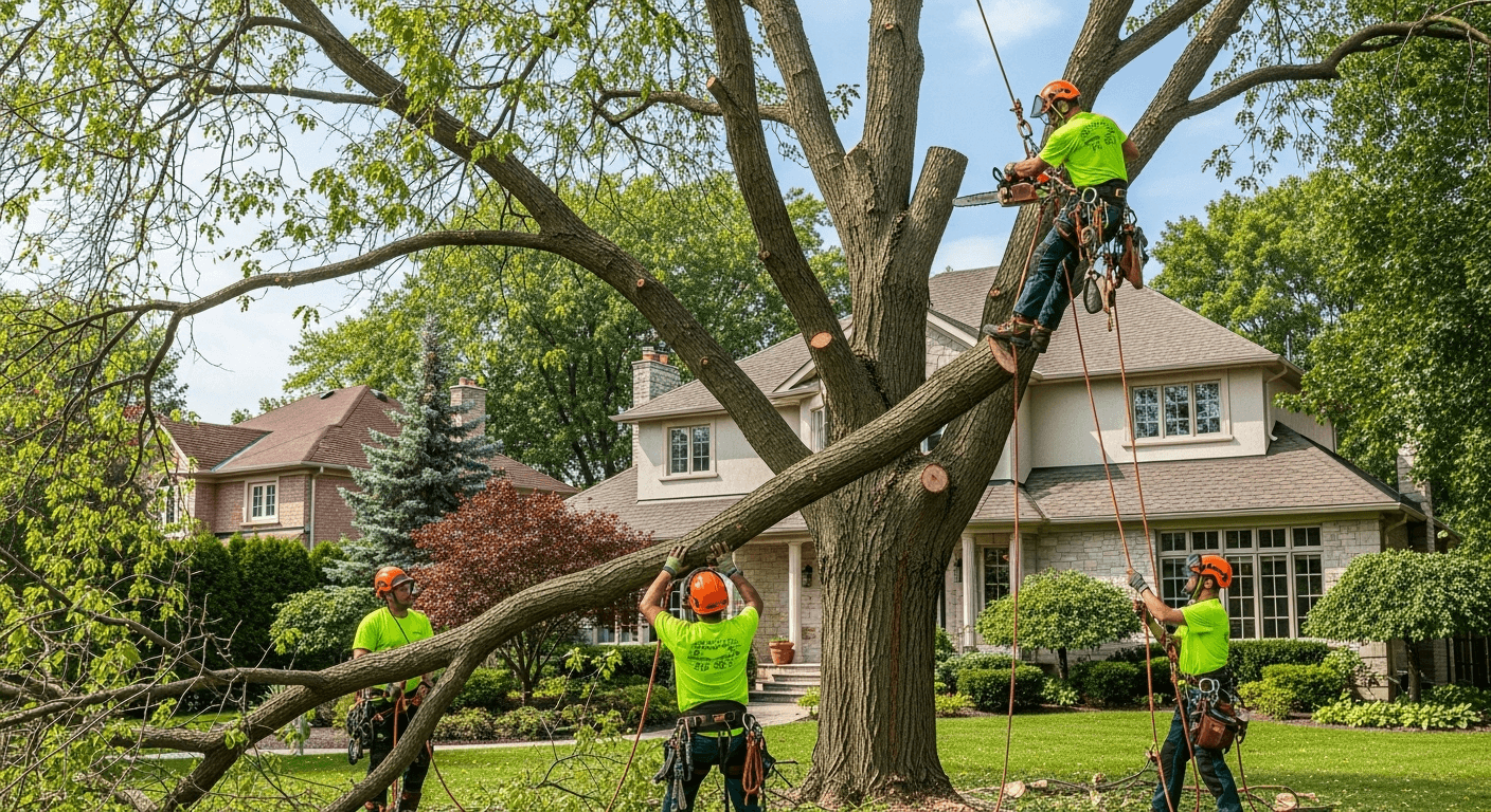 Tree service crew in green uniforms removing a large mature tree at a Mississauga residential property