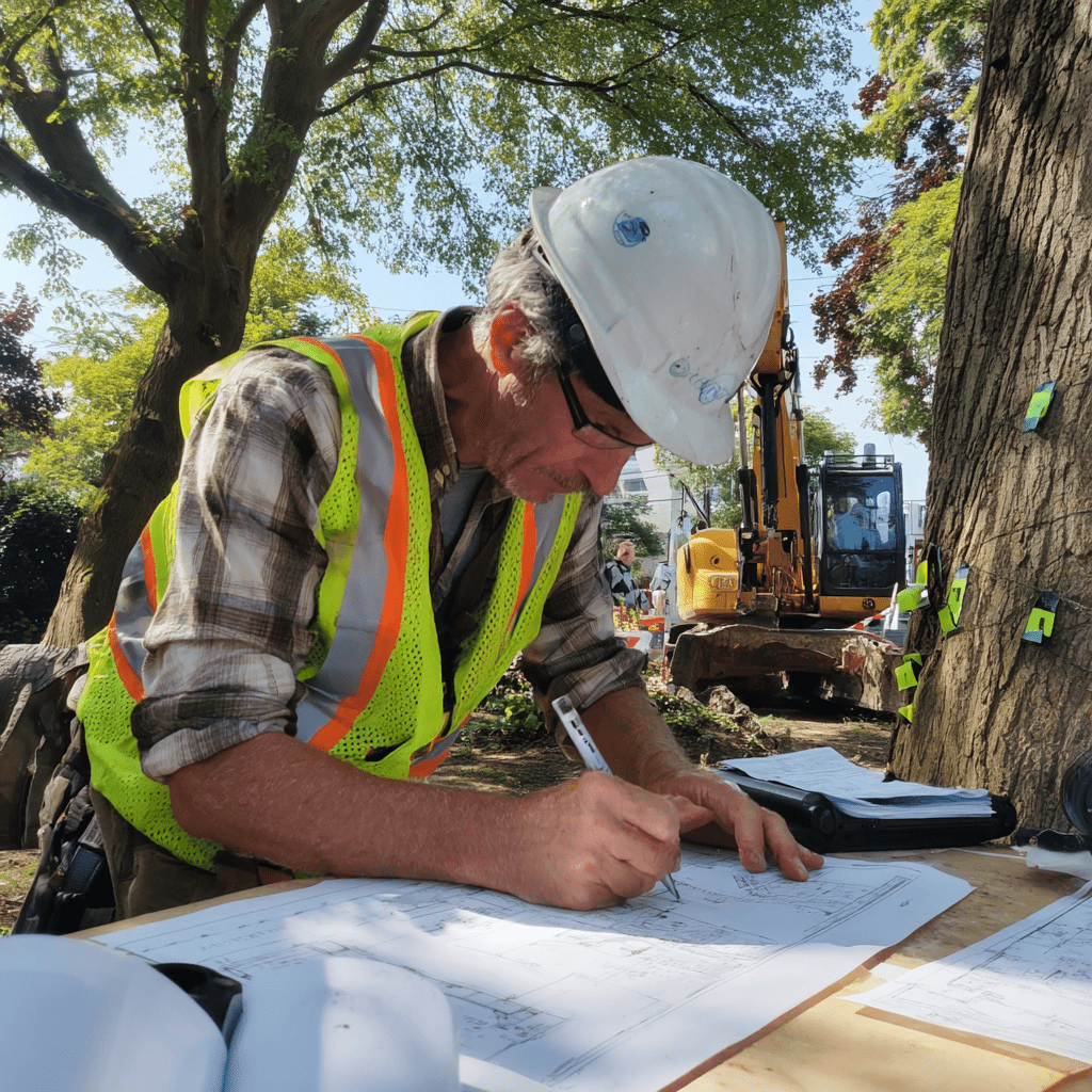 Arborist reviewing site plans and tagging trees at a North York infill construction site