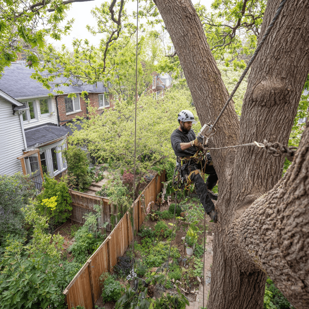 Arborist installing supplemental cable bracing between codominant stems of a large oak in North York