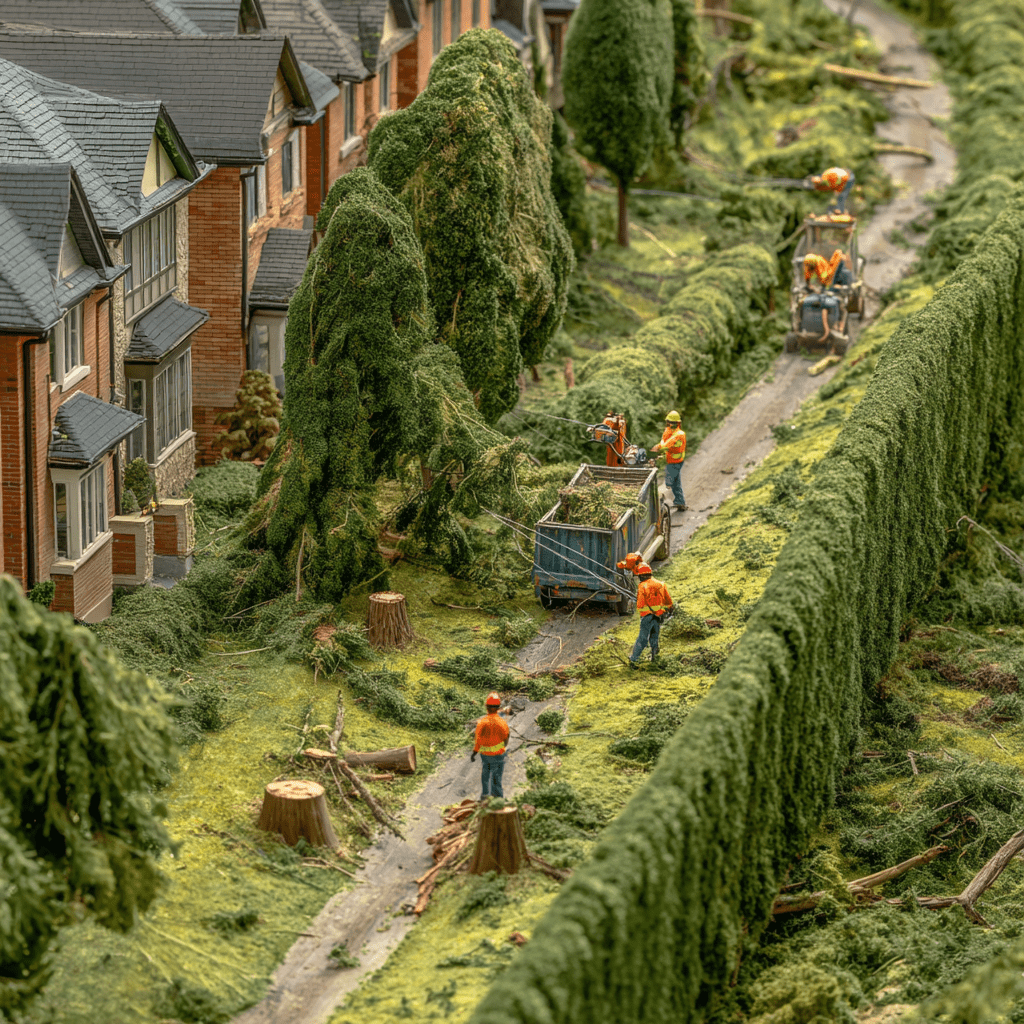 Full cedar hedge removal in progress on a Willowdale North York residential property being landscaped
