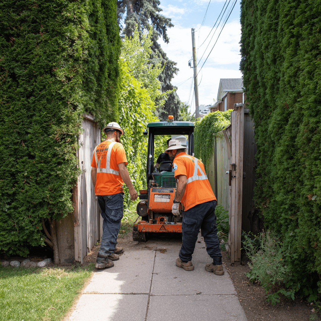Compact stump grinder accessing a rear North York yard through a narrow gate to grind a maple stump