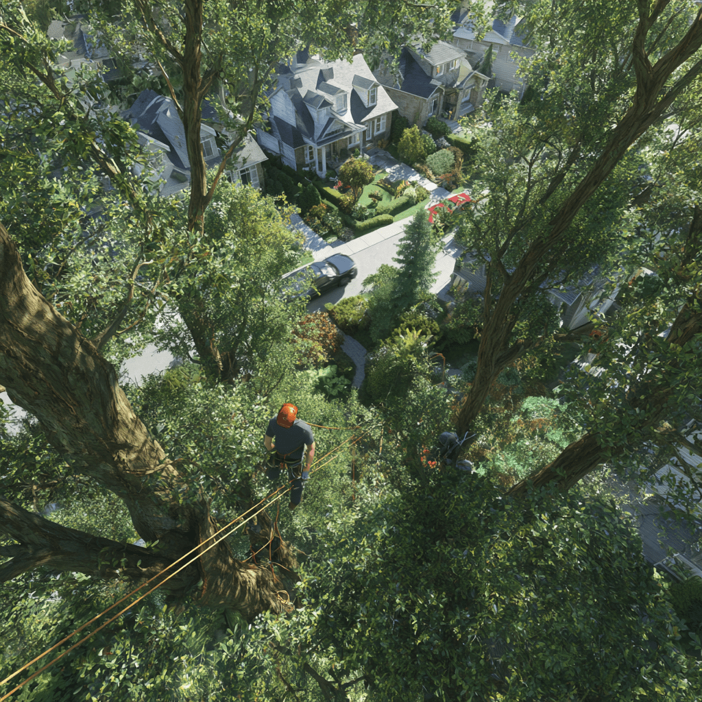 Two arborists performing crown thinning on a mature linden tree in a Bayview Village North York yard