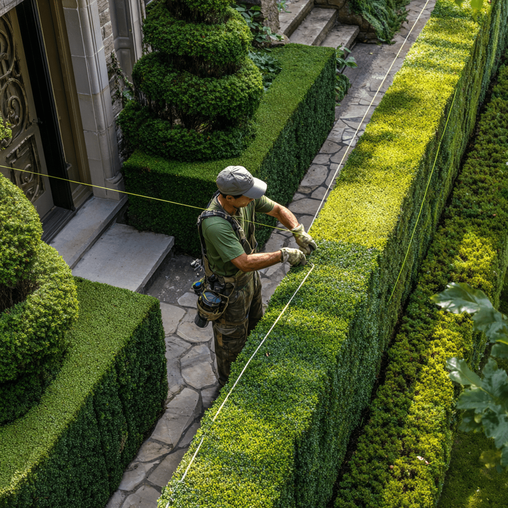 Precise formal hedge shaping on a sculpted garden hedge at a Bridle Path North York estate