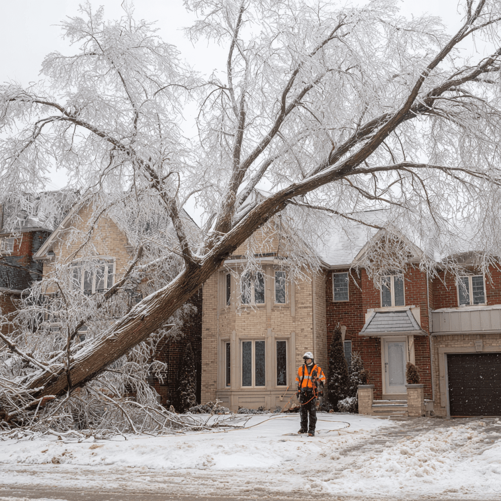 Ice-coated broken tree branches weighing down a large tree in a Bayview Village North York yard