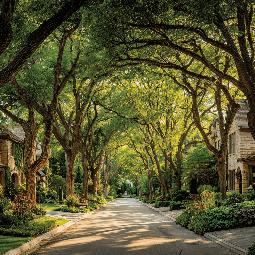 Mature tree canopy overhanging a wide residential street in York Mills North York Toronto