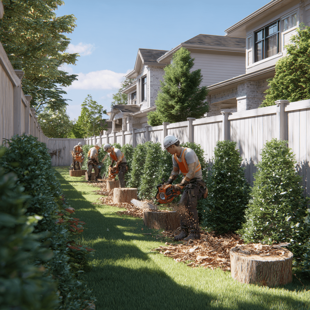 Crew grinding multiple stumps in a row after a hedge removal job in Willowdale North York