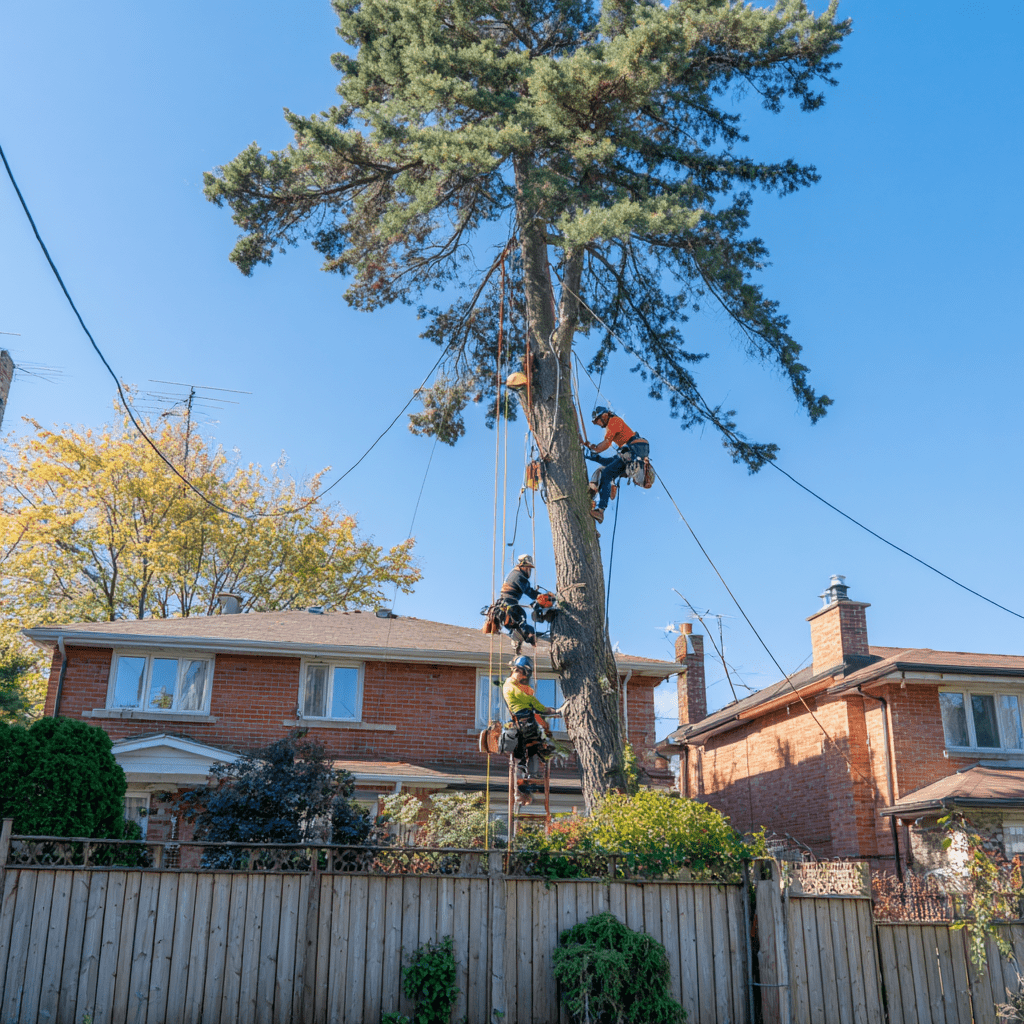 Tree removal crew sectioning a large Norway spruce in a Willowdale North York backyard