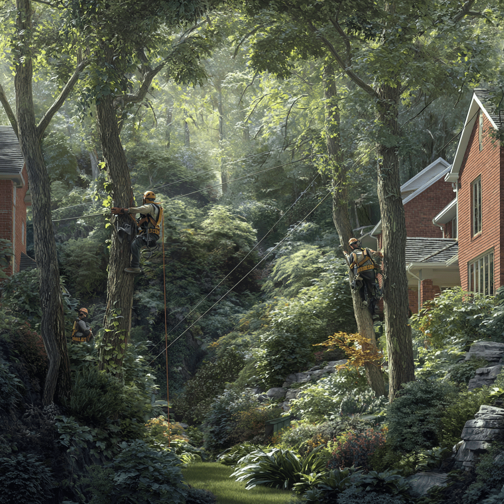 Tree service crew working at the edge of a North York property backing onto the West Don River ravine