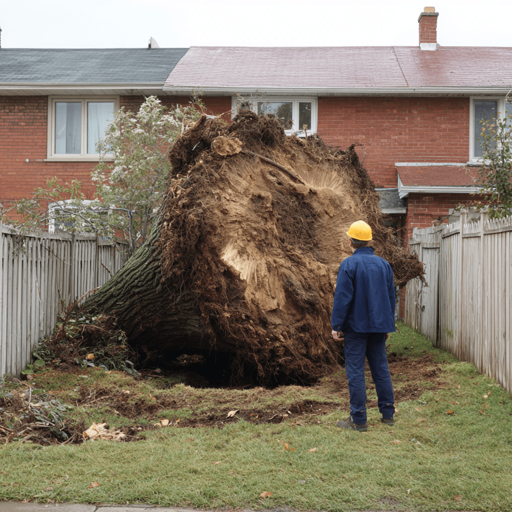 Fully uprooted large maple tree showing exposed root ball after windstorm in North York Toronto
