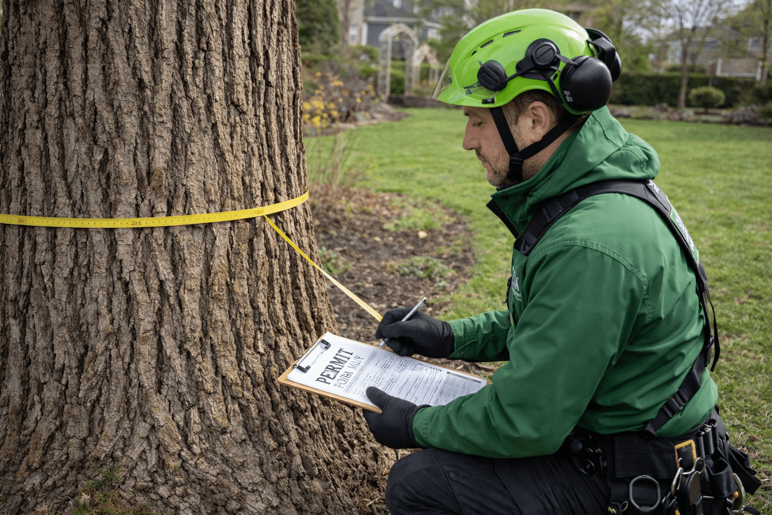 ISA certified arborist in green uniform measuring the DBH of a large tree at an Oakville property for a permit application