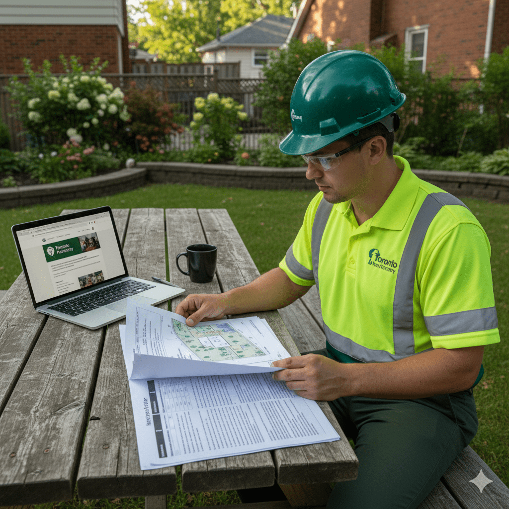 Arborist reviewing a completed arborist report document at a Toronto property before permit submission to Urban Forestry