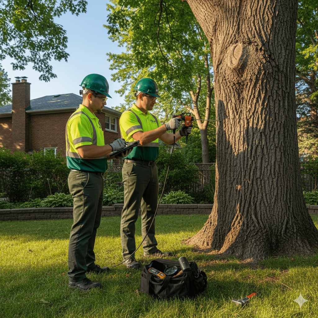ISA certified arborist conducting a tree assessment for a formal arborist report at a Toronto Ontario residential property