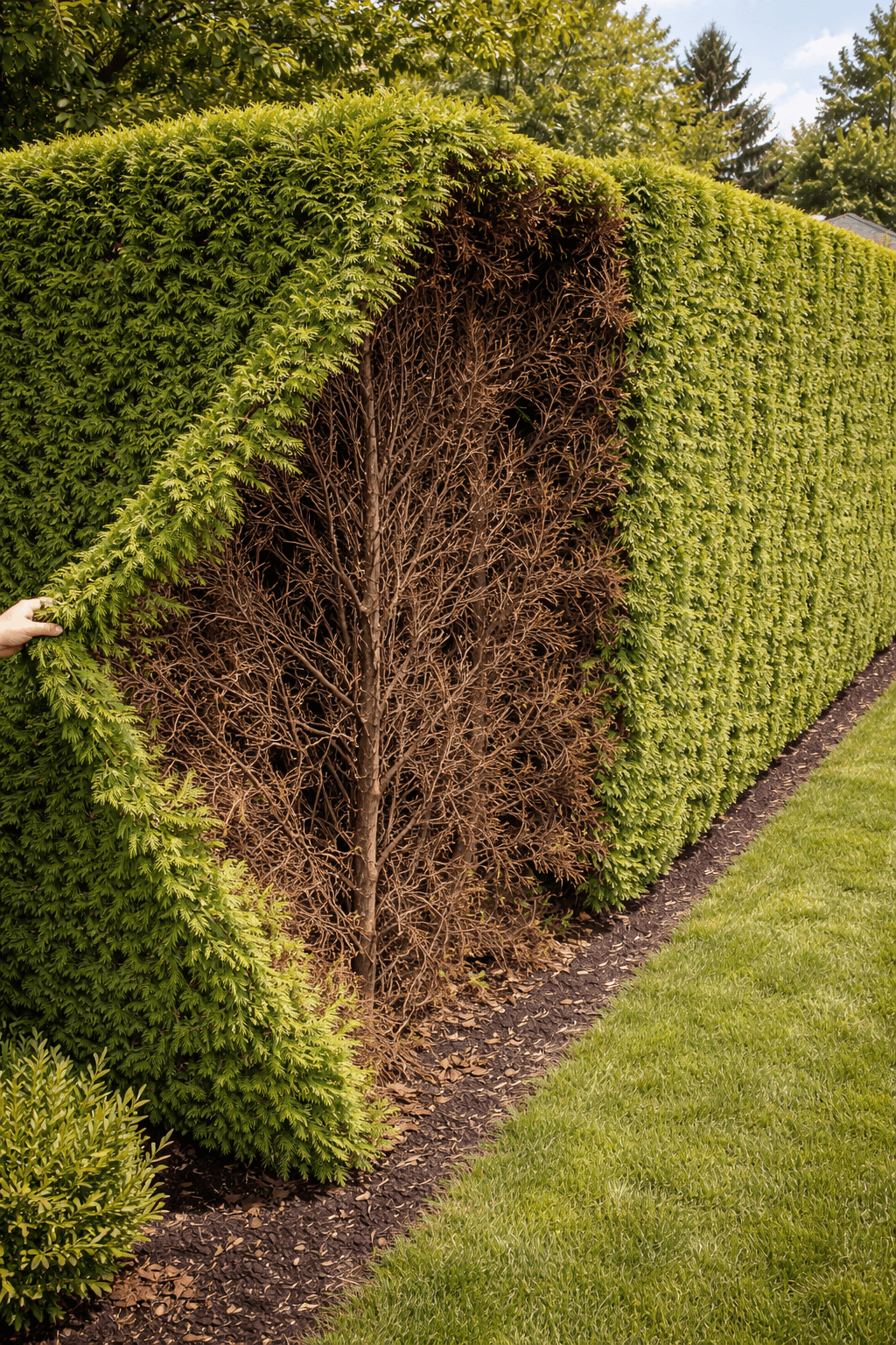 Interior of an overgrown cedar hedge showing the brown dead zone in an Ajax Ontario yard