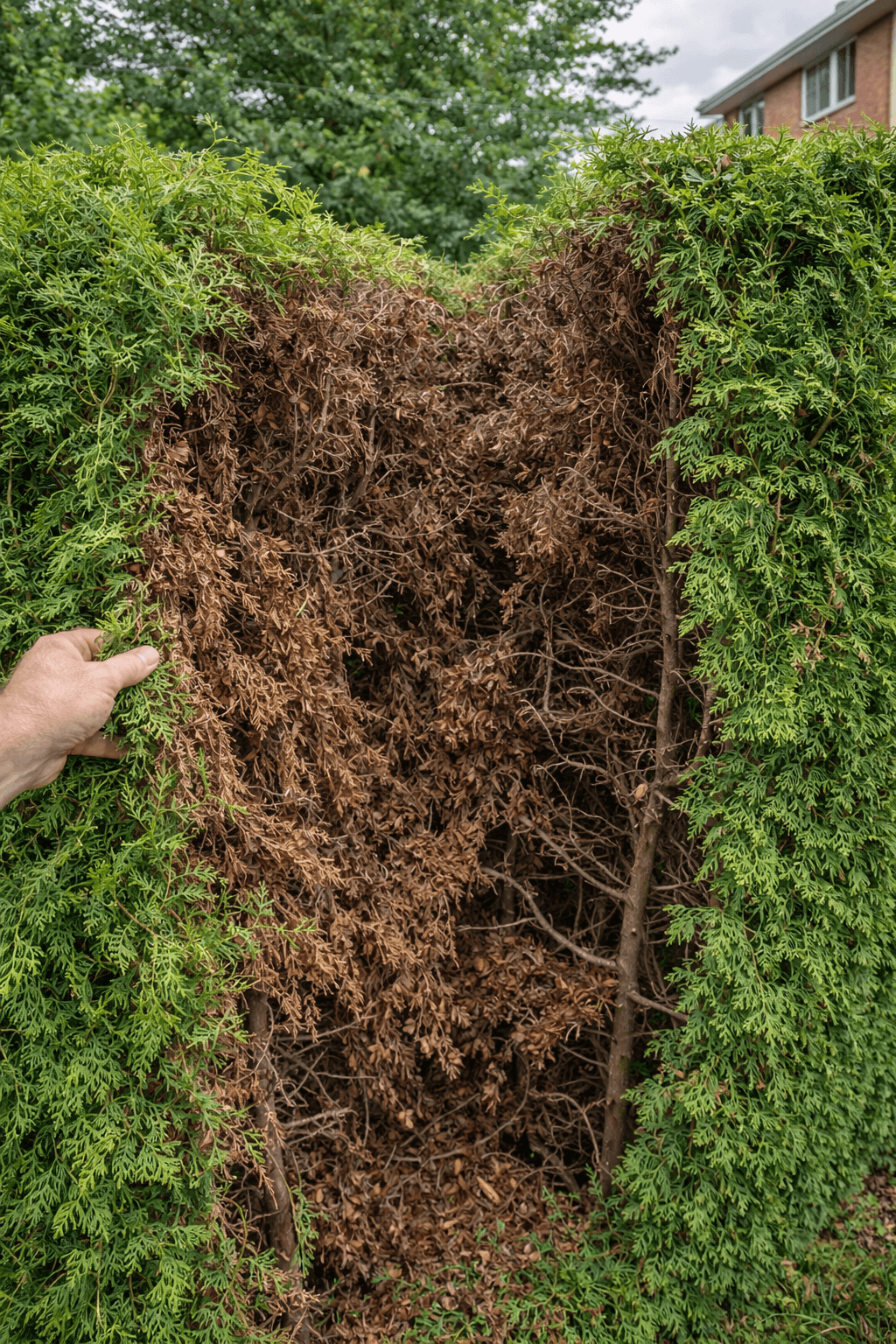 Overgrown cedar hedge in Mississauga before and after professional trimming and shaping