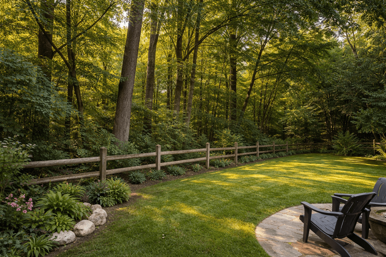 Residential backyard in Amberlea Pickering Ontario backing directly onto the protected Altona Forest