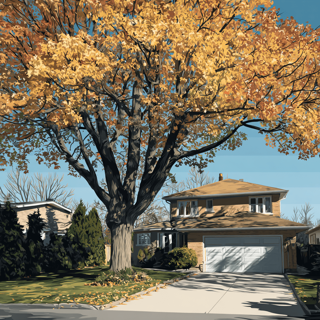 Completed crown clearance pruning on a large Norway maple over a garage roof in Amberlea Pickering Ontario