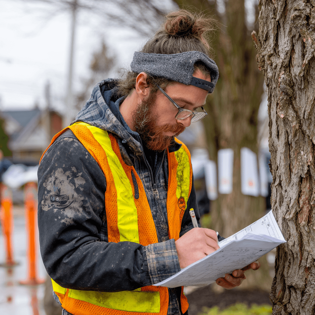 Arborist reviewing tree inventory documentation at a Pickering Ontario residential construction site