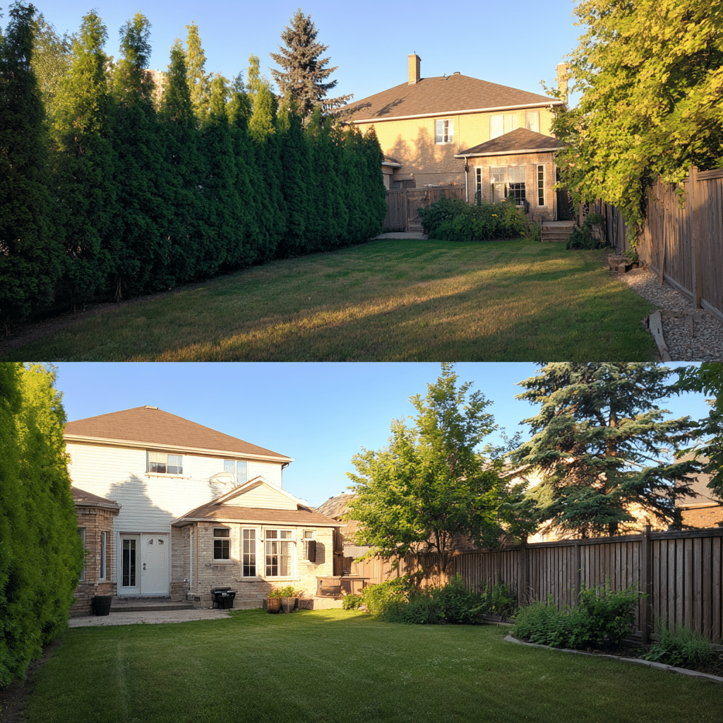 Completely open and sunlit Woodlands Pickering Ontario backyard after full cedar hedge removal