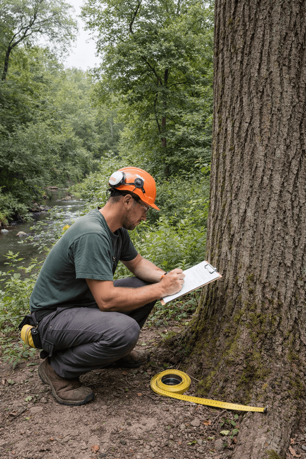 Certified arborist conducting a tree assessment in the Duffins Creek corridor near a Pickering Ontario property
