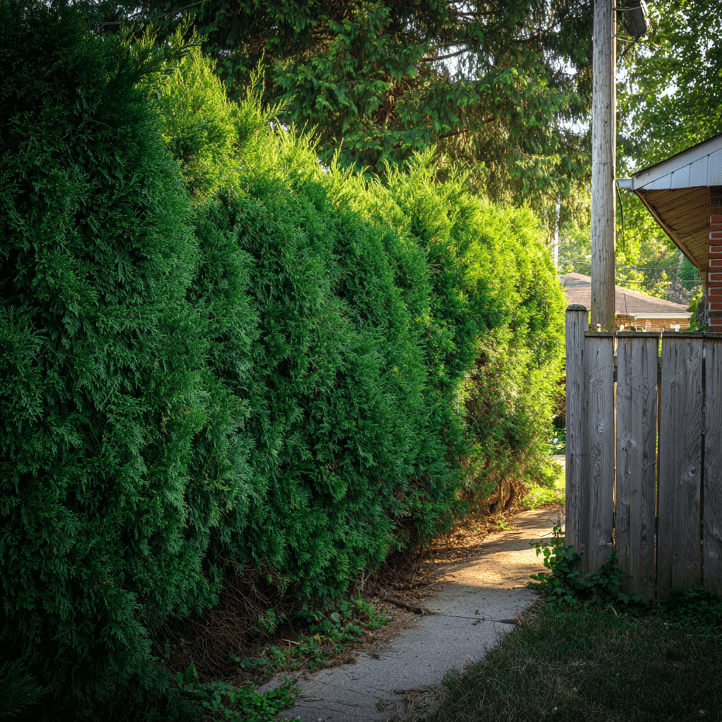 Overgrown cedar hedge with irregular sides and browning interior in Dunbarton Pickering Ontario