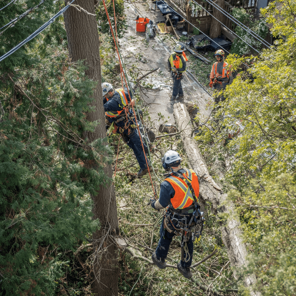 Emergency tree crew sectioning a storm-damaged tree at a Pickering Ontario property using controlled rigging