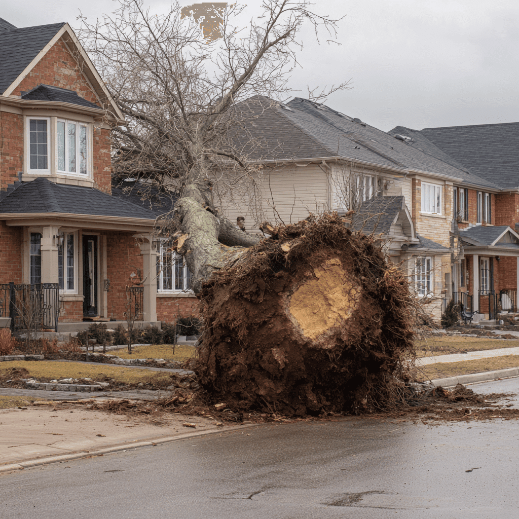 Uprooted tree blocking a residential driveway in the Bay Ridges area of Pickering Ontario after a windstorm