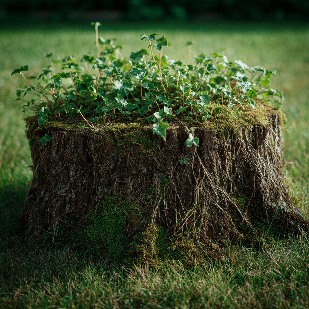 Dense Norway maple stump regrowth shooting up from an unground stump in a Pickering Ontario front yard