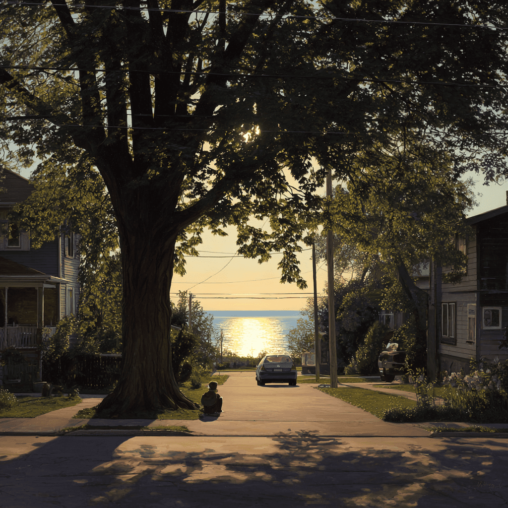 Large silver maple on a Pickering residential property at dusk with Lake Ontario visible through the canopy