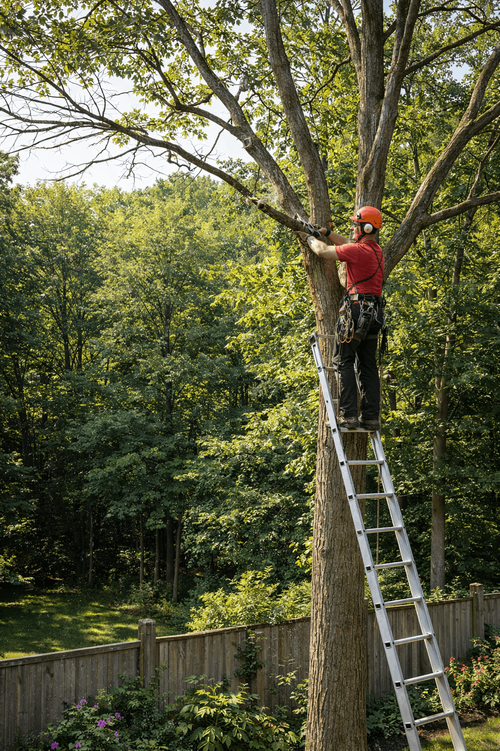 Deadwood pruning on a mature tree at the edge of a Pickering Ontario property bordering Rouge National Urban Park