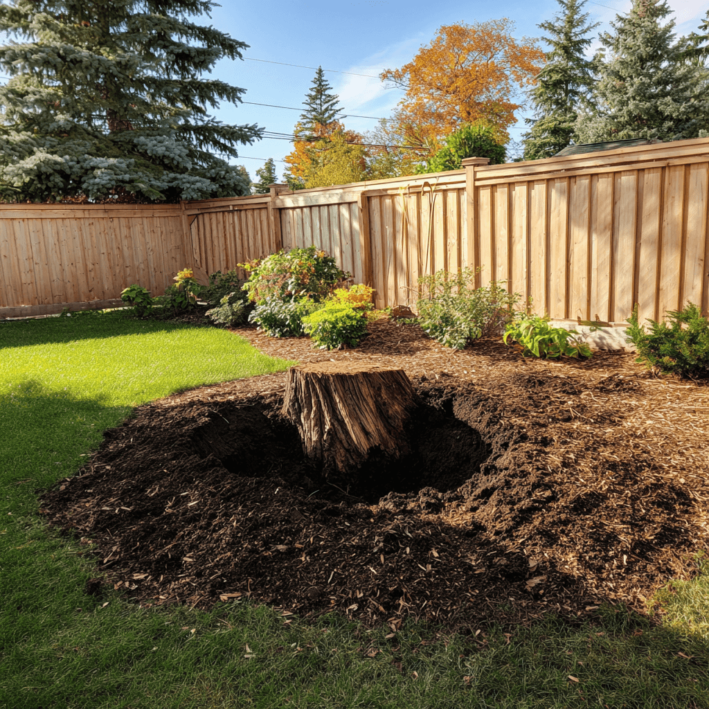 Freshly filled and raked stump cavity in a Duffin Heights Pickering Ontario backyard ready for lawn restoration