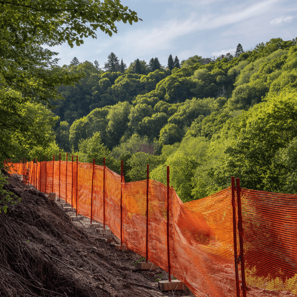 Tree protection fence installed at the top of bank above a TRCA regulated valley in Pickering Ontario