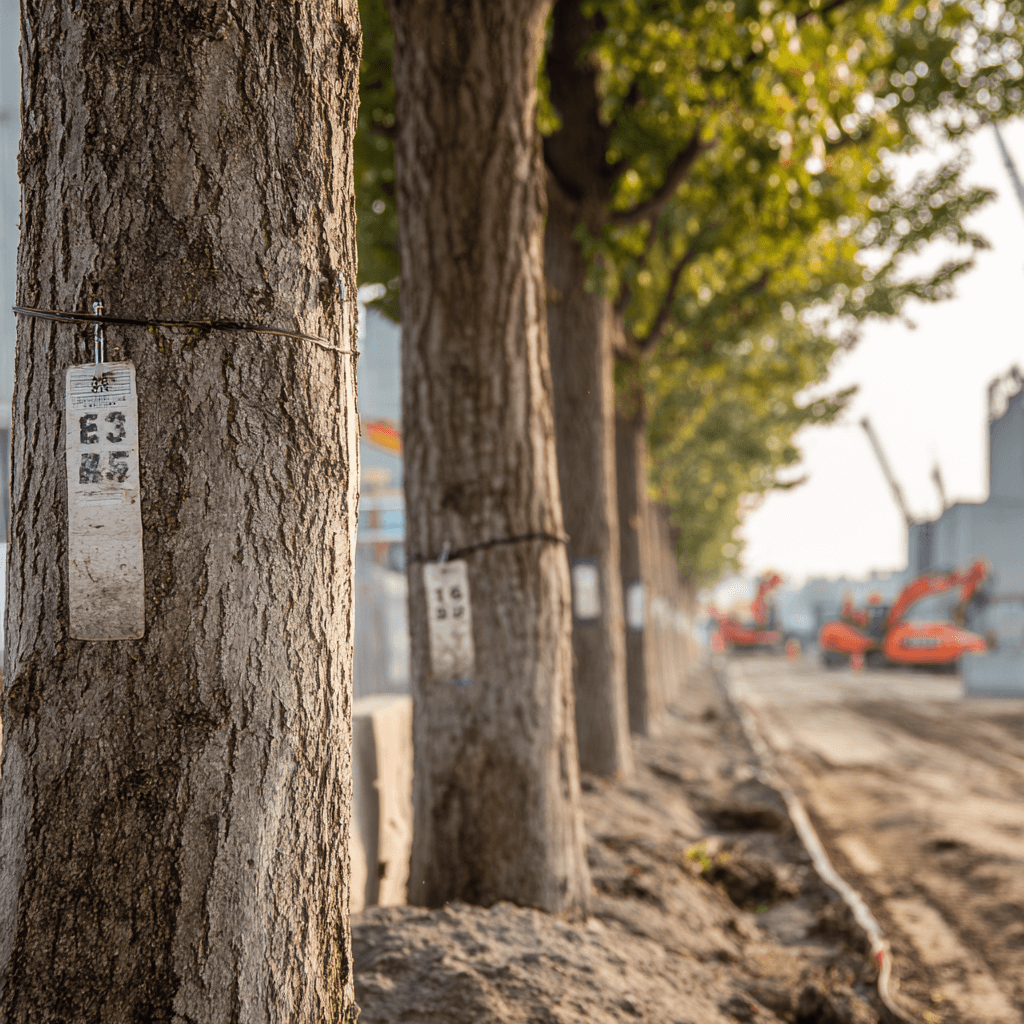 Tagged and numbered trees at a Pickering Ontario construction site as part of a certified tree inventory