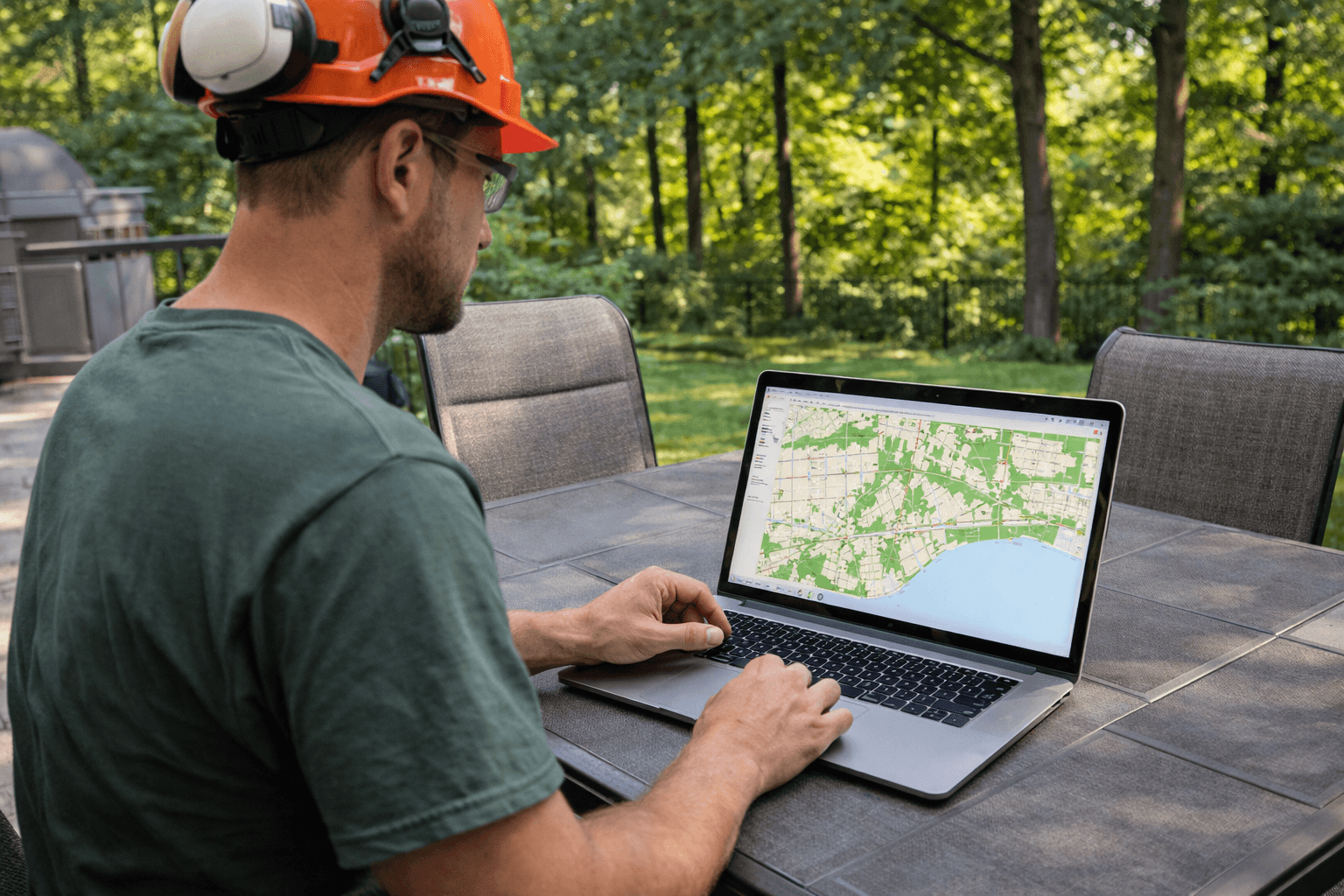 Arborist reviewing a Pickering Ontario Tree Protection Area map on a laptop at a residential property