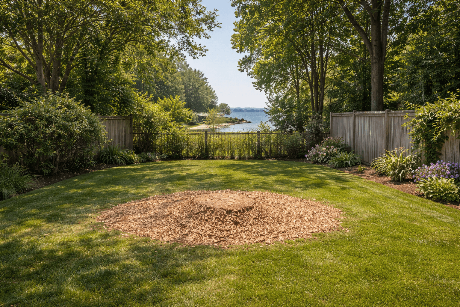 Tree removal complete on a West Shore Pickering Ontario lakefront property with Lake Ontario visible in the background