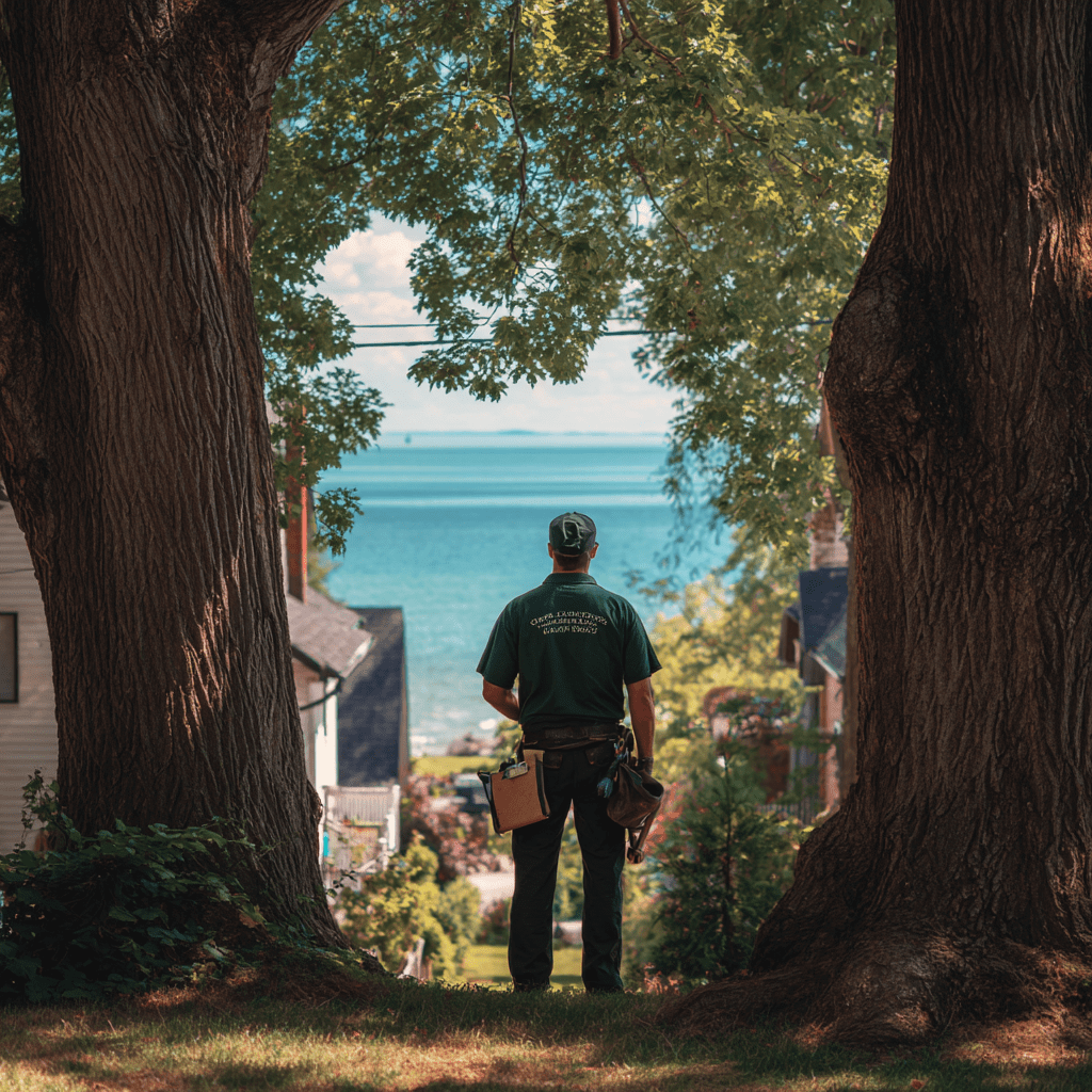 Independent arborist reviewing a mature tree at a Pickering waterfront property near Frenchman's Bay and Lake Ontario